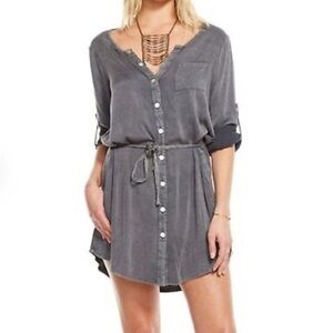Chaser Shirtdress Tie Dye Belted Roll Tab Sleeves Purple Gray White V Neck M
